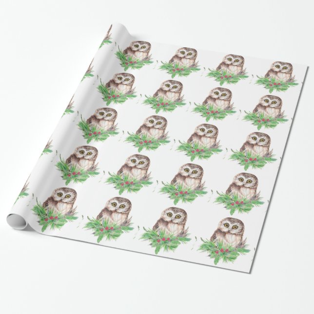 Watercolor Cute Little  Owl Bird Nature Art Wrapping Paper (Unrolled)