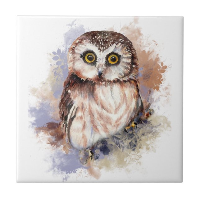 Watercolor Cute Little Saw Whet Owl Bird Tile (Front)
