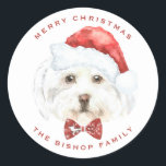 Watercolor Cute Maltese Santa Merry Christmas Classic Round Sticker<br><div class="desc">Merry Christmas | Add a festive accent to your gifts and envelopes with this customizable Christmas sticker. It features a watercolour Maltese dog eating a bow tie and Santa hat. Personalize by adding your own details. This custom dog Christmas sticker will be perfect as a Christmas envelope seal. Matching items...</div>