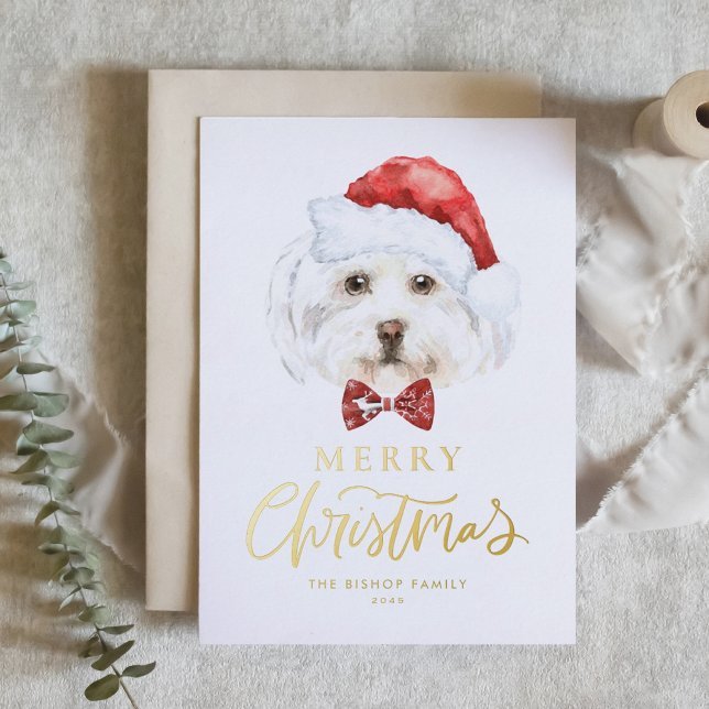 Watercolor Cute Maltese Santa Merry Christmas Foil Holiday Card (Creator Uploaded)
