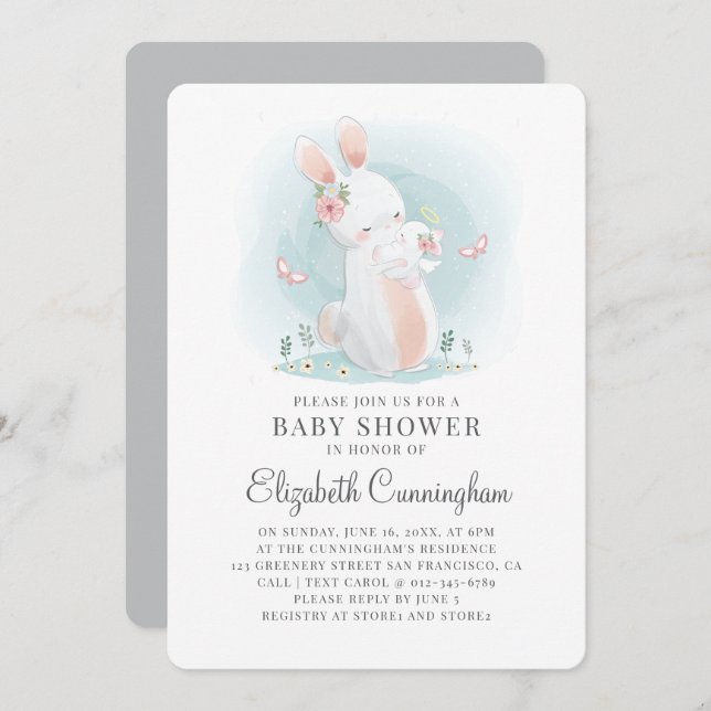 Watercolor Cute Mama Rabbit Baby Shower Invitation (Front/Back)