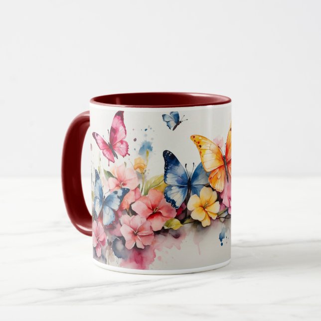 Watercolor Cute Maroon Butterfly Flowers Mug (Front Left)