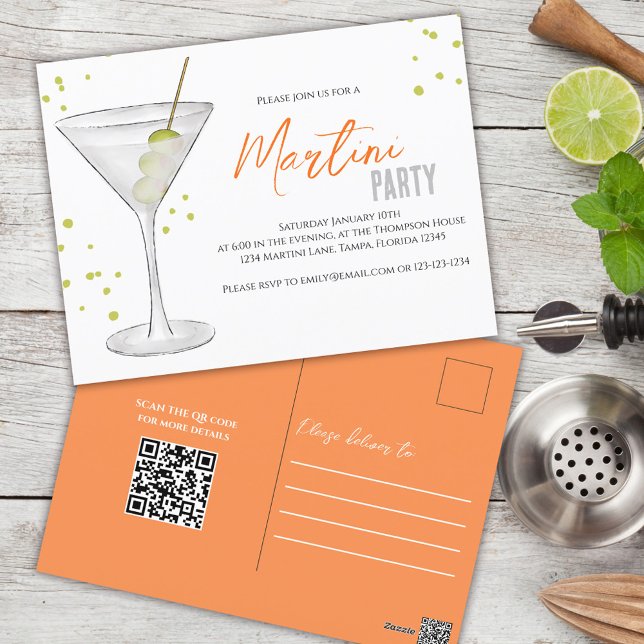 Watercolor Cute Martini Party Whimsical QR Code Postcard (Creator Uploaded)