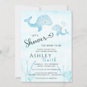 Watercolor Cute Mom and Baby Whale Under the Sea I Invitation