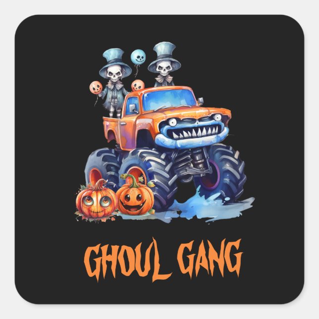 Watercolor Cute Monster Truck Skeletons Halloween Square Sticker (Front)