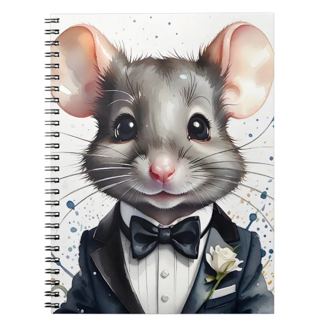 Watercolor Cute Mouse Tuxedo Black Bow Tie Flower Notebook (Front)