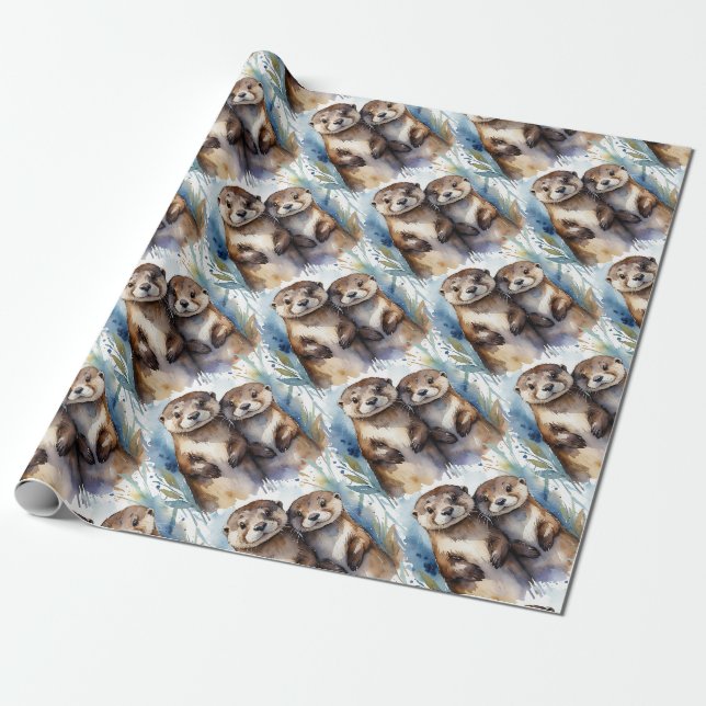 Watercolor Cute Otters Animal Wildlife Nature   Wrapping Paper (Unrolled)