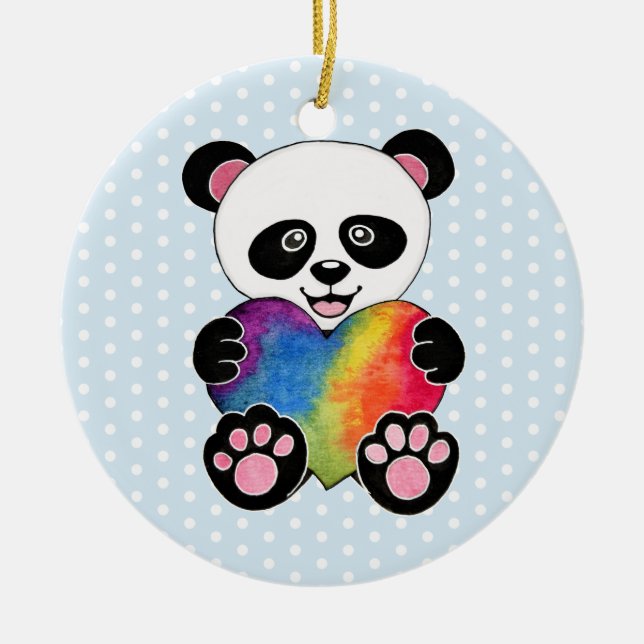 Watercolor Cute Panda With Rainbow Heart Ceramic Ornament (Front)