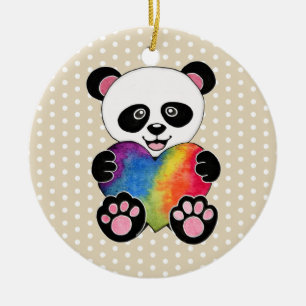 Watercolor Cute Panda With Rainbow Heart Ceramic Ornament