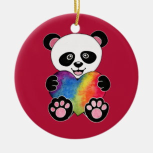 Watercolor Cute Panda With Rainbow Heart Ceramic Ornament