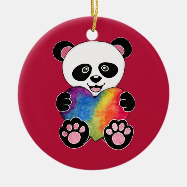 Watercolor Cute Panda With Rainbow Heart Ceramic Ornament (Front)
