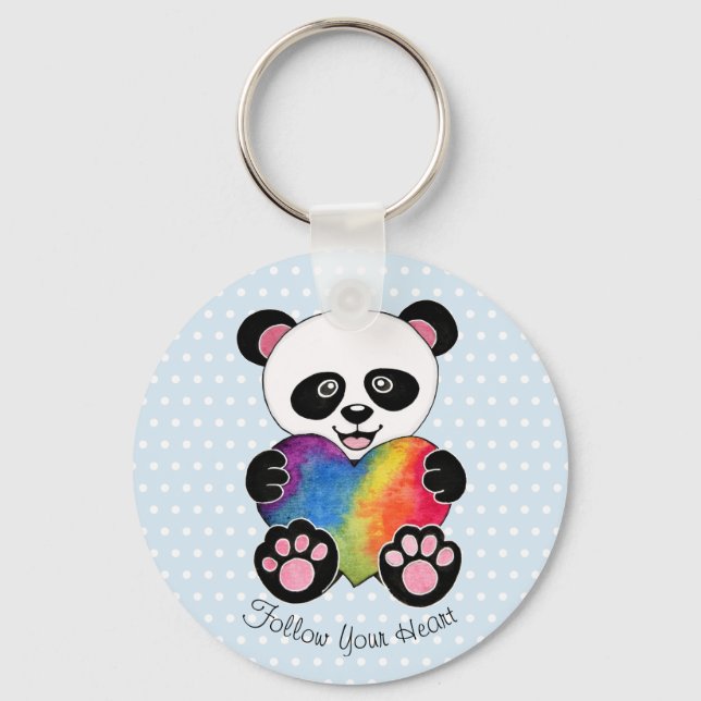 Watercolor Cute Panda With Rainbow Heart Keychain (Front)