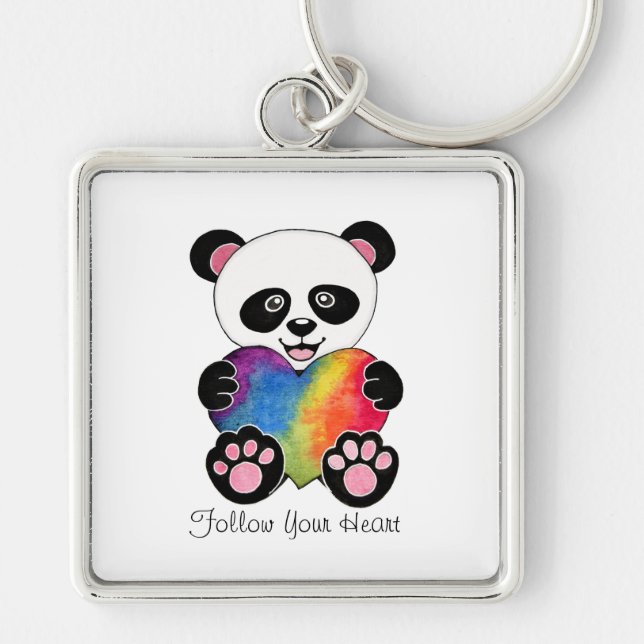 Watercolor Cute Panda With Rainbow Heart Keychain (Front)