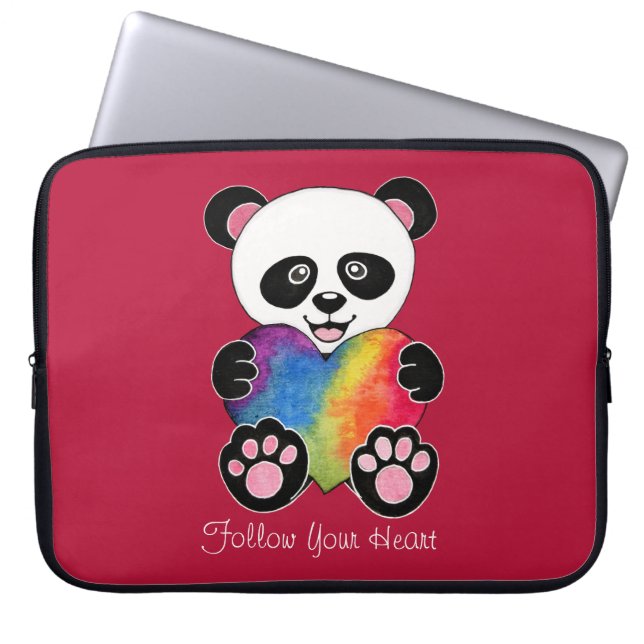 Watercolor Cute Panda With Rainbow Heart Laptop Sleeve (Front)