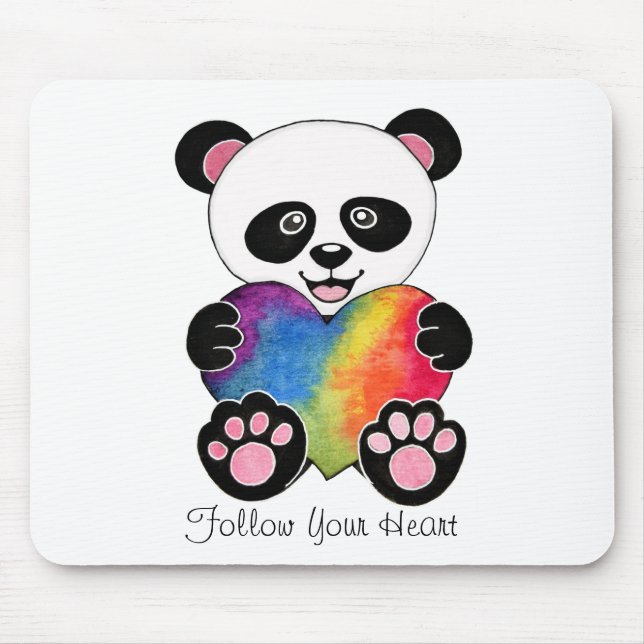 Watercolor Cute Panda With Rainbow Heart Mouse Pad (Front)
