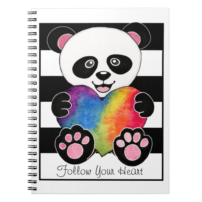 Watercolor Cute Panda With Rainbow Heart Notebook (Front)