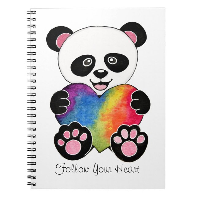 Watercolor Cute Panda With Rainbow Heart Notebook (Front)