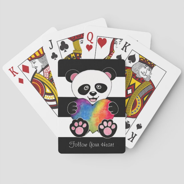 Watercolor Cute Panda With Rainbow Heart Playing Cards (Back)