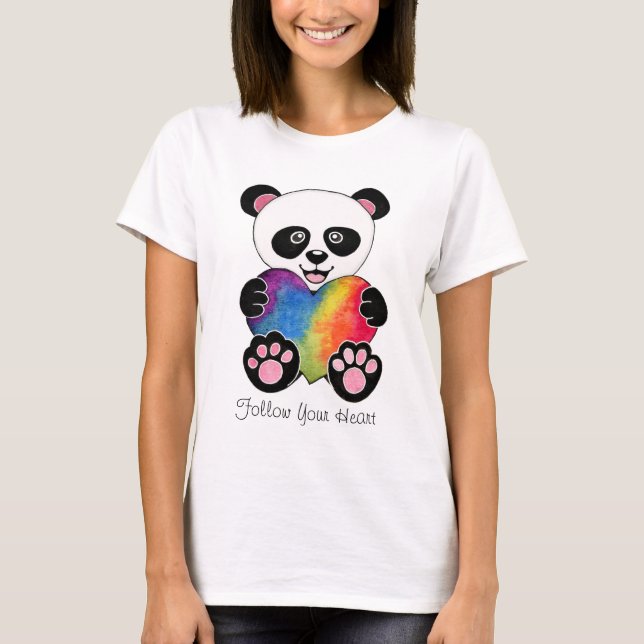 Watercolor Cute Panda With Rainbow Heart T-Shirt (Front)