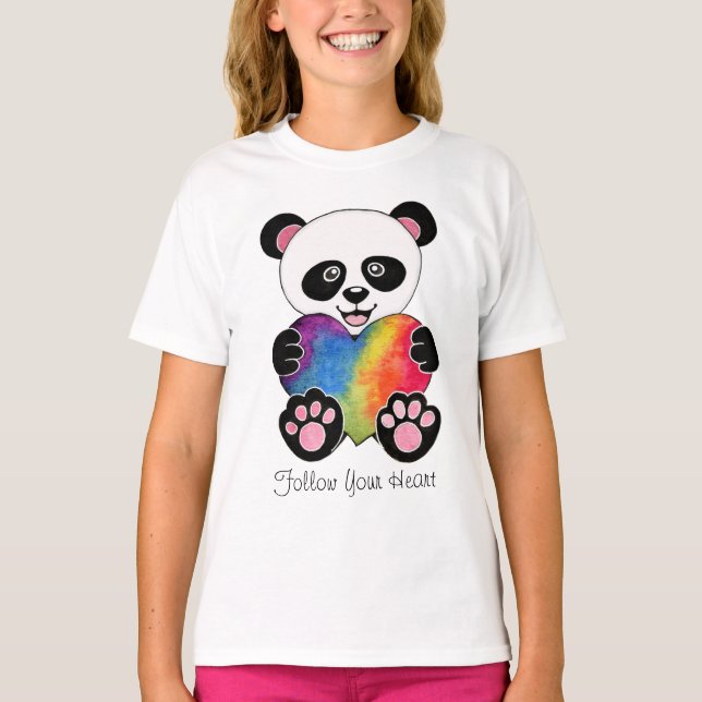 Watercolor Cute Panda With Rainbow Heart T-Shirt (Front)