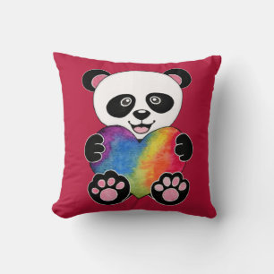 Watercolor Cute Panda With Rainbow Heart Throw Pillow