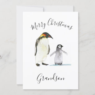 Watercolor Cute Penguin Merry Christmas Kids Holiday Card
