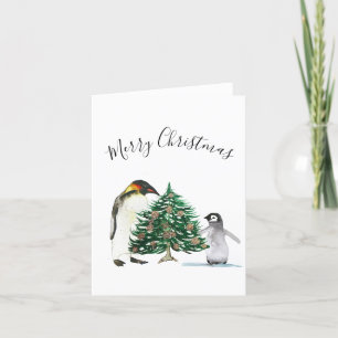 Watercolor Cute Penguin Merry Christmas Kids Holiday Card