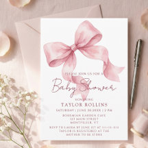 Watercolor Cute Pink Bow Baby Shower Invitation