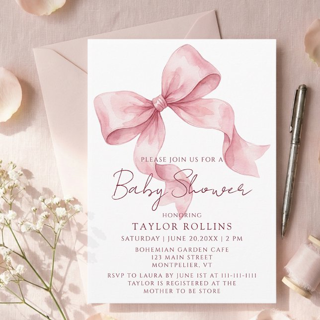 Watercolor Cute Pink Bow Baby Shower Invitation (Creator Uploaded)
