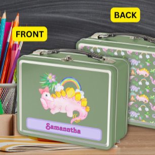 Watercolor Cute Pink Dinosaur with Bow  Metal Lunch Box