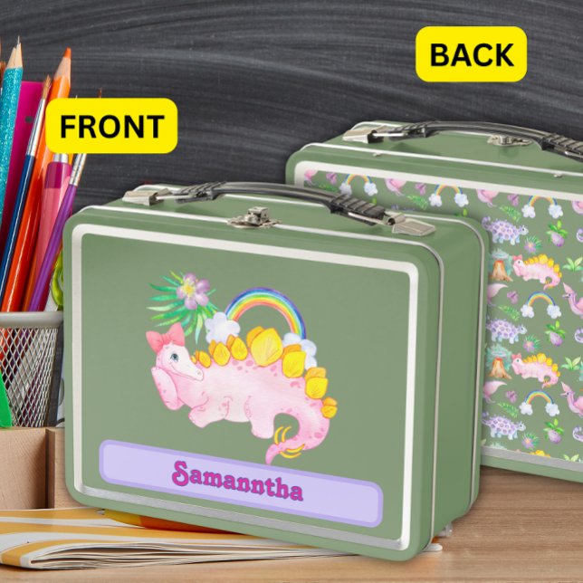 Watercolor Cute Pink Dinosaur with Bow  Metal Lunch Box (Creator Uploaded)