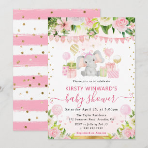 Watercolor Cute Pink Jungle Elephant Baby Shower Invitation