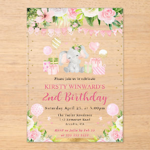 Watercolor Cute Pink Jungle Elephant Kids Birthday Acrylic Invitations