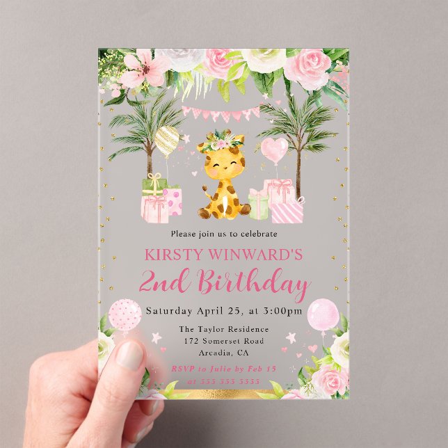 Watercolor Cute Pink Jungle Giraffe Kids Birthday Acrylic Invitations (Insitu (Handheld))