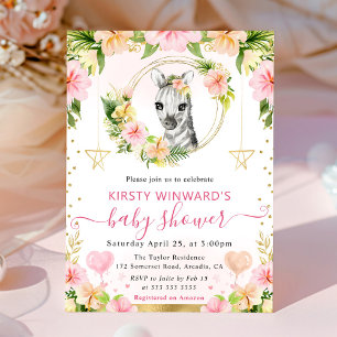 Watercolor Cute Pink Jungle Zebra Baby Shower Invitation