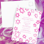 Watercolor Cute Pink Star of David Bar Bat Mitzvah Announcement Postcard<br><div class="desc">Perfect card to announce the upcoming date of a bat mitzvah, bar mitzvah or other Jewish celebration! Hand made watercolor art for you on the front and back side! FULLY CUSTOMIZABLE! Click on “Personalize” above to edit the text. Click "edit using design tool" to adjust the fonts, colours and placements...</div>