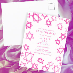 Watercolor Cute Pink Star of David Bar Bat Mitzvah Announcement Postcard