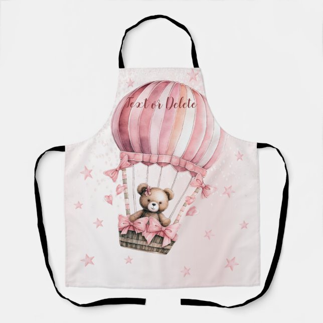 Watercolor Cute Pink Teddy Bear Hot Air Balloon Apron (Front)