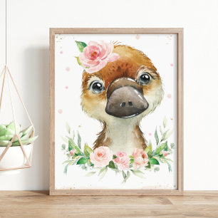 Watercolor Cute Platypus Blush Pink Floral Wall Poster
