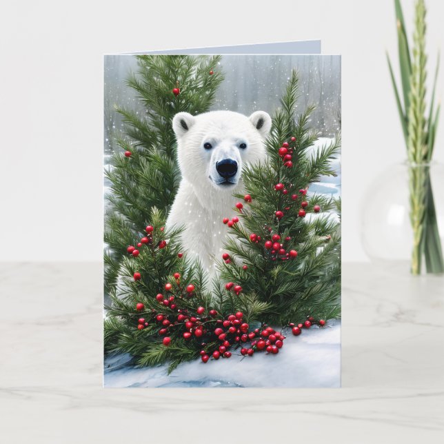 Watercolor Cute Polar Bear Christmas Holiday Card (Front)
