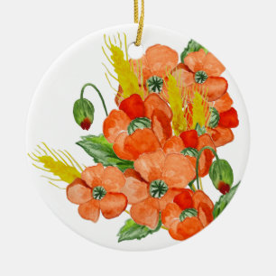 Watercolor cute poppy flowers ceramic ornament
