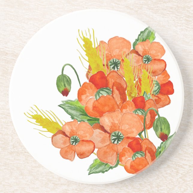 Watercolor cute poppy flowers coaster (Front)