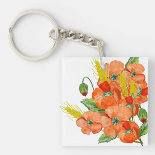 Watercolor cute poppy flowers keychain