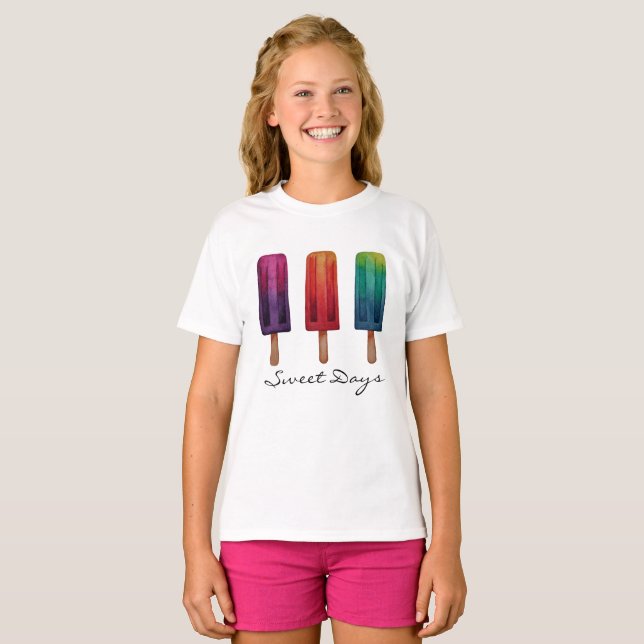 Watercolor Cute Popsicle Ice Creams T-Shirt (Front Full)