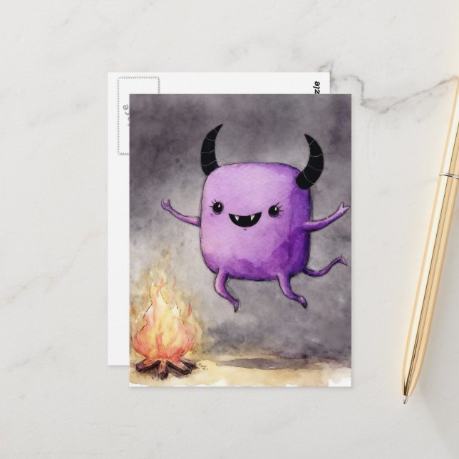 Watercolor Cute Purple Monster and a Campfire Postcard (Front/Back In Situ)