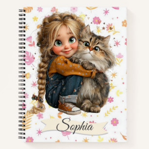 Watercolor Cute Quirky Girl with a Cat Notebook