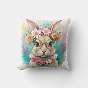 Watercolor Cute Rabbit Wildflowers Throw Pillow