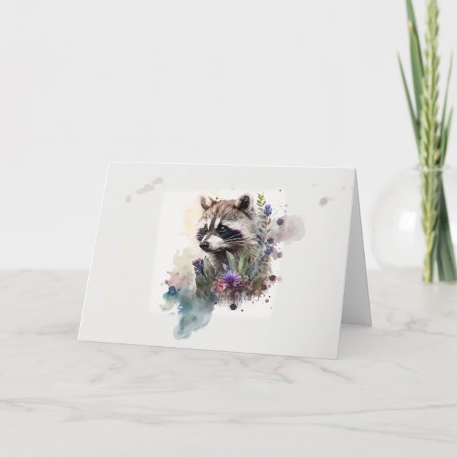 Watercolor Cute Raccoon Spring Flowers         Card (Front)