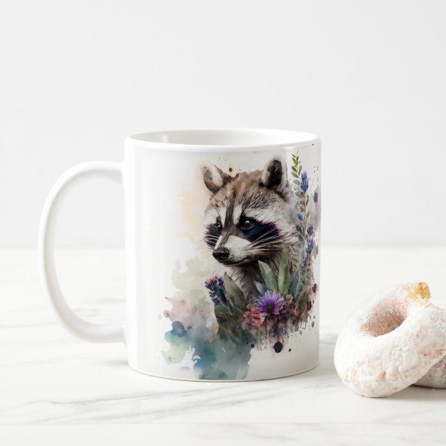 Watercolor Cute Raccoon Spring Flowers         Coffee Mug (With Donut)