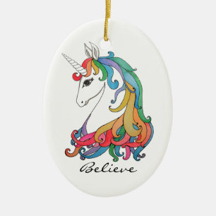 Watercolor cute rainbow unicorn ceramic ornament